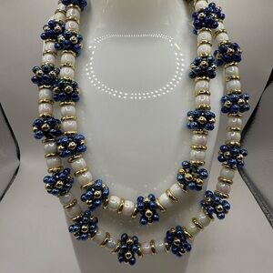 Beaded White Blue Gold Necklace Approximately 20 plus inches long Beautiful Look
